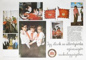 1982 Így élünk az úttörőgárda egészségőr szakalegységben, palkát, papír, Kartográfiai Vállalat, Bp., feltekerve, apró lapszéli szakadással, 49,5x69 cm