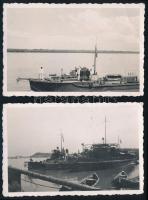 1942 A német haditengerészet (Kriegsmarine) folyami hajói a Dunán, az egyik a romániai Tulcsánál (Tulcea), 2 db fotó, 6x9 cm // 1942 Riverboats of the German Navy (Kriegsmarine) on the Danube, one photographed at Tulcea, Romania, 2 pcs, 6x9 cm
