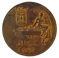 Franciaország 1897. "Exposition Nationale Internationale Universelle (Országos Nemzetközi Egyetemes Kiállítás) / Nice 1897" aranyozott, peremén jelzett bronz emlékérem (68mm) T:XF ph., aranyozás lekopott / France 1897. "Exposition Nationale Internationale Universelle (National International Universal Exhibition) / Nice 1897" gilt bronze medallion, hallmarked on the edge (68mm) C:XF edge error, gilding worn off