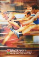 Homolya Gábor (1956-): Budapest nagydíj, Nemzetközi Atlétikai Verseny, Népstadion, 1980. Ofszet, papír, jelzett a plakáton, Kartográfiai Vállalat, feltekerve, lapszéli apró szakadásokkal és gyűrődésekkel, 96x67 cm