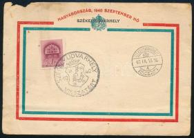 1940 "Székelyudvarhely visszatért" bélyegzés nemzetiszínű képeslapon, kiadja: 373. sz. MOVE Szent István cserkészcsapat, Szombathely, kisebb sérüléssel, foltokkal, 10,5x15 cm