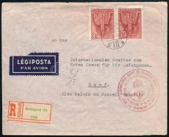 1943 Ajánlott légi levél Vöröskereszt többnyelvű bélyegzéssel Genfbe / Registered airmail cover with Red Cross seal to Geneva