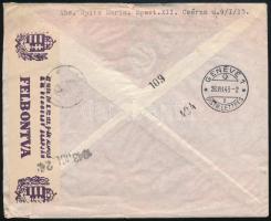 1943 Ajánlott légi levél Vöröskereszt többnyelvű bélyegzéssel Genfbe / Registered airmail cover with...