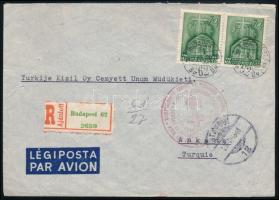 1943 Ajánlott légi levél Vöröskereszt többnyelvű bélyegzéssel Törökországba / Registered airmail cover with Red Cross seal to Turkey
