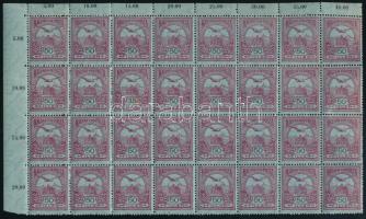 1913 Turul 50f ívsarki 32-es tömb, benne 35f lemezhiba (150.000) (folt a tévnyomatos bélyegen, elvált fogak) / Mi 121 corner block of 32 with 35f plate variety (spot on the stamp, aparted perfs.)