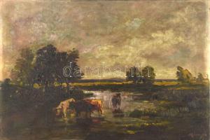 Mányai József (1875-?): Táj tehenekkel. Olaj, vászon. Jelzett. Javított, kissé sérült, 40×60 cm