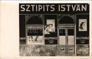 1943 Szabadka, Subotica; Sztipits István fodrász üzlete, utcai portál / hairdesser's shop, entrance from the street. photo (EB)