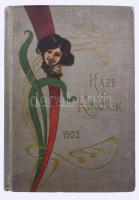 Szabóné Nogáll Janka: Házi kincsek. Hasznos ismeretek tára. A háztartás, az egészség- és szépségápolás, valamint a társadalmi érintkezés köréből. Szakácskönyvvel, háztartási eszközök ismertetésével, házi gyógyszertár,valamint a vegyi tisztítás és kozmetikus szépítőszerek receptjeivel. Fiatal asszonyok számára összeáll. 2. bőv. kiadás. Bp., 1903, Hornyánszky. 264,[44] p. A kötet elején naptárral, a végén reklámokkal. Kiadói, festett, aranyozott vászonkötésben, festett lapszélekkel. Petrik: ?.; H.D.: 1621. Szép állapotban. Ritka