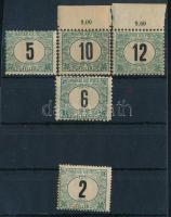1903 Portó 5f, 10f és 12f 11 3/4 : 12 fogazással + 6f 11 1/2 fogazással + 1905 Portó 2f 15-ös fogazással (rozsda) (72.500) / 1903-1905 5 Postage due stamps (stain)