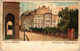 1899 Szeged, Városi színház, előtte park (még nincs meg a bíróság épülete). Fényképfelvétel Keglovich E. műterméből, Endrényi Imre kiadása. Kosmos Műintézet litho (kopott sarkak / worn corners)