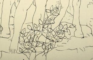 Reich Károly (1922-1988): A szobrász kertje. Szitanyomat, papír, jelzett. Üvegezett fakeretben. 41x2...