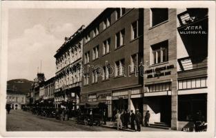 1933 Nyitra, Nitra; Wilson utca, Nyitrai Általános Bank, Tausig, Fürst, Hermes üzlete / Wilsonova ulica / street, shops. photo (EK)