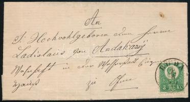 1872 "BUDA" helyi levél 3kr bérmentesítéssel / local cover with 3kr franking