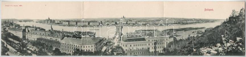 1898 Budapest, látkép a Gellérthegyről, Lánchíd, Bazilika, Parlament, gőzhajó. 3-részes kihajtható panorámalap. Stengel &amp; Co. (Dresden) 4620. (hajtásnál kopott / worn at fold)