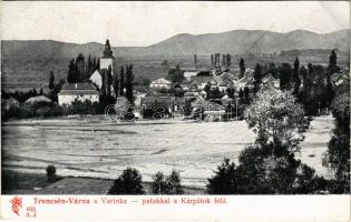 Várna, Trencsén-Várna, Varín; látkép a Varinka patakkal a Kárpátok felé, templom. Feitzinger Ede 632. A.J. 1904/14. / general view, riverside, church (vágott / cut)