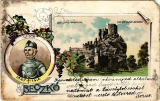 1906 Beckó, Beczkó, Beckov; Várrom, Stiborici Stibor (1347-1414) ispán / hrad, Stibor zo Stiboríc / castle ruins, count. Brück Samu Art Nouveau, floral, litho (EM)