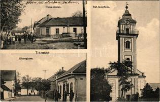 1929 Tiszasas, utca részlet, Református templom, Községháza (EK)