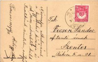 1929 Tiszasas, utca részlet, Református templom, Községháza (EK)