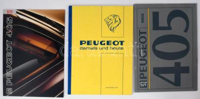 1971-1991 Peugeot prospektusok, 3 db:   1971 Peugeot damals und heute. Schafbrücke/Saarbrücken, 1971, Peugeot Automobile Deutschland GMBH, 8+26 p.+IX t. Német nyelven. Fekete-fehér fotókkal illusztrált. Kiadói félvászon-kötésben.   1991 Peugeot 405 STI. Saabrücken, 1991, Peugeot Talbot Deutschland Gmbh. Német nyelvű Peugeot prospektus, 4 sztl. lev.   1991 Peugeot 405 Break prospektus (Peugeot 405 Break GLI/GLD, Peugeot 405 GRI/GRD/GRDT, Peugeot 405 Break SRI/SRDT, Peugeot Break GRI X 4) Saabrücken, 1991, Peugeot Talbot Deutschland Gmbh. Német nyelvű prospektus, 8 sztl. lev.