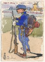 Kiskundorozsma (Szeged), "Nem fúj a szél, nem forog a dorozsmai", dorozsmai öreg malom, szélmalom, katona menetfelszerelésben, kézzel festett egyedi katonai művészlap / windmill, soldier, hand-painted military postcard. artist signed