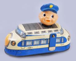 cca 1965 Yone No. 2164 Crazy Train japán lemezjáték, eredeti dobozában, jó állapotban, de nem működik, eredeti kulccsal, h: 11,5 cm /// c. 1965 Yone No. 2164 Crazy Train Japanese tin toy, in its original box, in good condition but not working, with original key, length: 11.5 cm.