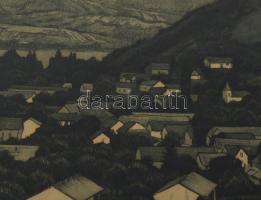 Novák Lajos (1927-1989): Visegrád. Rézkarc, papír, jelzett, lapszéli ázásnyomokkal, üvegezett fakere...