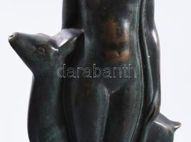 Liszkay Kováts Zoltán (1898-1967): Akt őzikével. Art deco patinázott bronz szobor, márvány talapzato...