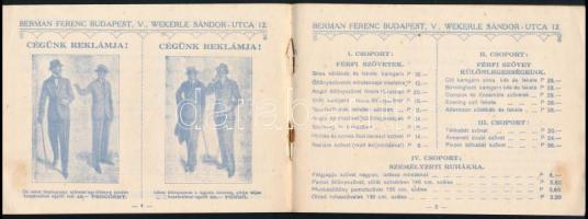 cca 1900 Bp. V., Berman Ferenc posztó- és textiláru nagykereskedés ruházati árjegyzék