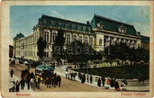 Bucharest, Bukarest, Bucuresti, Bucuresci; Palatul Justitiei / palace of justice, horse-drawn tram (r)