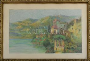 Váli Éva (XX. sz. második fele): Vízparti táj. Pasztell, vászon, jelzett. Üvegezett fakeretben. 28x46 cm