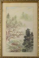 Váli Éva (XX. sz. második fele): Táj lovassal. Pasztell, vászon, jelzett. Üvegezett fakeretben. 40x24,5 cm