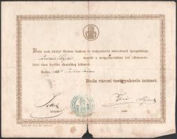 1863 Buda, Buda Városi Testgyakorló Intézet által kiállított dicsérő oklevél, sérüléssel
