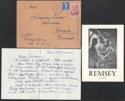 1958 Remsey Jenő György (1885-1980) festőművész, grafikus autográf levele, borítékkal Légrády Sándor (1906-1987) festőművész, grafikus részére. 1958-as párizsi, francia nyelvű kiállítási prospektussal.