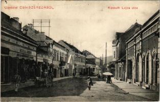 1911 Csíkszereda, Miercurea Ciuc; Kossuth Lajos utca, Merza Rezső üzlete, Európa szálloda. Szvoboda József kiadása / street view, shops, hotel + "BRASSÓ - GYIMES 246. SZ. B" vasúti mozgóposta bélyegző (EK)