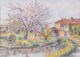 Váli Éva (XX. sz. második fele): Tavasz. Pasztell, vászon, jelzett. Üvegezett fakeretben. 23x29,5 cm