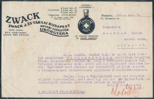 1932 Bp., Zwack J. és Társai Budapest Likőrgyára fejléces levélpapírjára írt levél