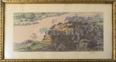 Váli Éva (XX. sz. második fele): Vitorlások. Pasztell, vászon, jelzett. Üvegezett fakeretben. 19,5x39,5 cm