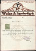 1932 Bp., Weisz A. Fogaskerékgyár fejléces papírjára kiállított bizonyítvány