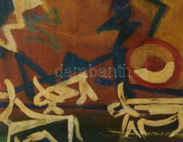 Olvashatatlan jelzéssel (vagy jelzés nélkül?): Kavalkád. Olaj, farost. Fakeretben. 61x50 cm