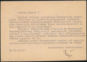 1943 Bozzai Bozzay Dezső, a Napkelet Könyvkiadó vezetőjének gépelt levelezőlapja, autográf aláírásával Légrády Sándor (1906-1987) festőművész, grafikus részére.