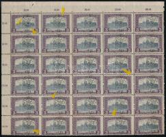 Kolozsvár 1919 Parlament 3K ívsarki 30-as tömbben, apró lemezhibákkal / block of 30 with plate varieties Signed: Bodor