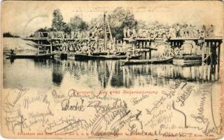 1898 Pionniere. Rau eines Holzprovisoriums. A. Huber / Soldiers, temporary bridge construction (EK)