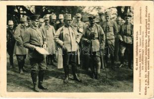 42. számú csataképes kártya. A radymnoi ütközetben kitűnt VI. (kassai) hadtest parancsnoka: Arz altábornagy vezérkarával . Kiadja a M. kir. Honvédelmi Minisztérium Hadsegélyező Hivatala / WWI Austro-Hungarian K.u.K. military, Lieutenant General with his military staff (EK)