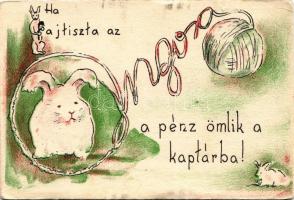 Marosvásárhely, Targu Mures; Ha fajtiszta az angora, a pénz ömlik a kaptárba! Ezzel a levelezőlappal Ráduly Ervin marosvásárhelyi kaptáros diák díjat nyert a Horthy István Diákkaptár Szövetség levelezőlap pályázatán / Hungarian Youth Association propaganda art postcard s: Ráduly Ervin (fa)