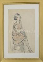 Olvashatatlan jelzéssel: Női portré. Kréta, papír. Lapszéli szakadásokkal. Dekoratív, üvegezett fakeretben. 42x28,5 cm