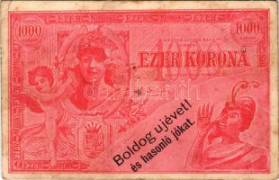 1908 Boldog újévet! és hasonló jókat. Ezer Korona - Magyar Lucifer Banktól kiadva. Krampusz / Hungarian bank note, Krampus (EB)