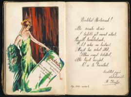 1925-1929 Bp., emlékkönyv bejegyzésekkel, sok igényes rajzzal, sérült kötésben