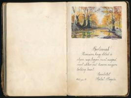 1925-1929 Bp., emlékkönyv bejegyzésekkel, sok igényes rajzzal, sérült kötésben