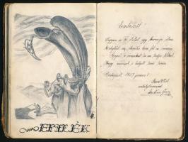 1925-1929 Bp., emlékkönyv bejegyzésekkel, sok igényes rajzzal, sérült kötésben