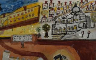 Olvashatatlan jelzéssel (vagy jelzés nélkül?): Efezus (Epheszosz). Olaj, farost. Dekoratív fakeretbe...